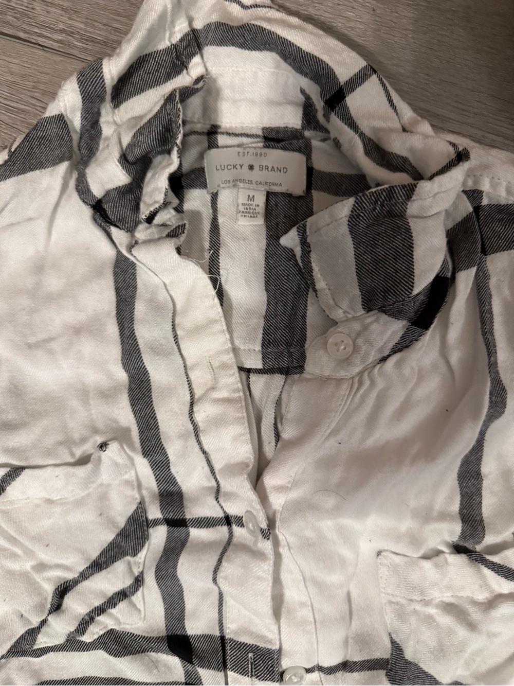 Lucky Brand Women’s White and Black Striped Button-Up Shirt - Medium